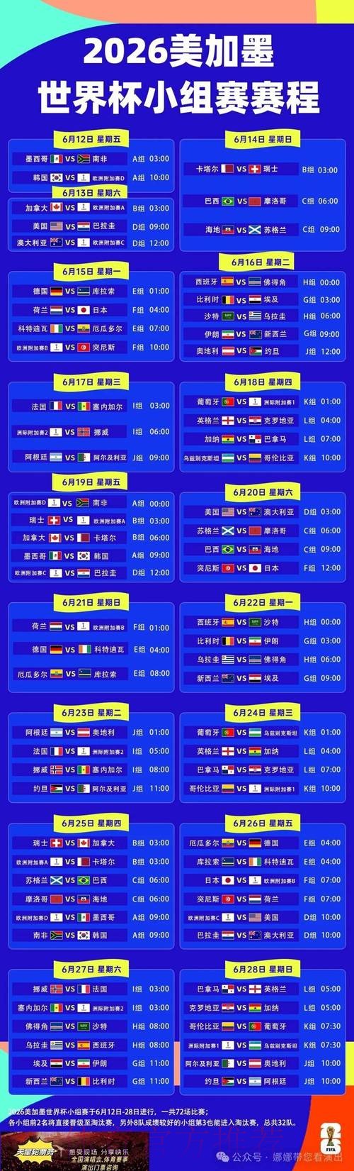 2026世界杯每日赛程详细安排实时赛程免费观看